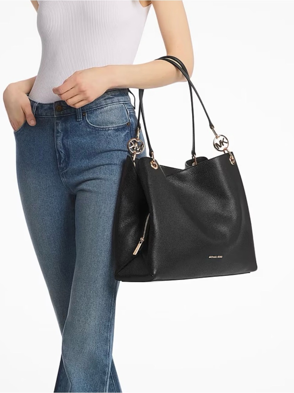 Michael Kors Black Christina Pebbled Leather shoulder Tote with Gold Accents